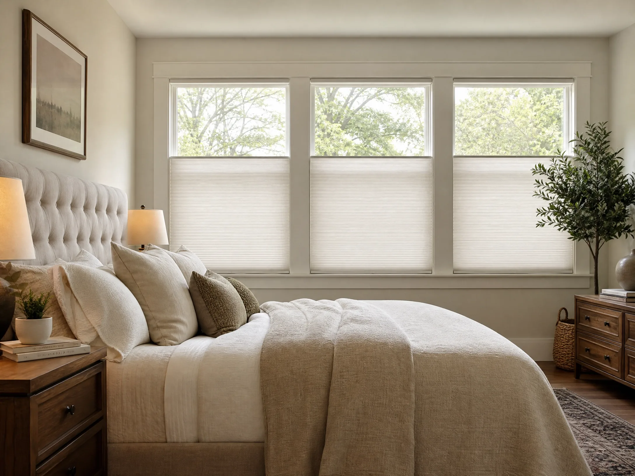 Cellular honeycomb shades in a bright living room in Raleigh NC