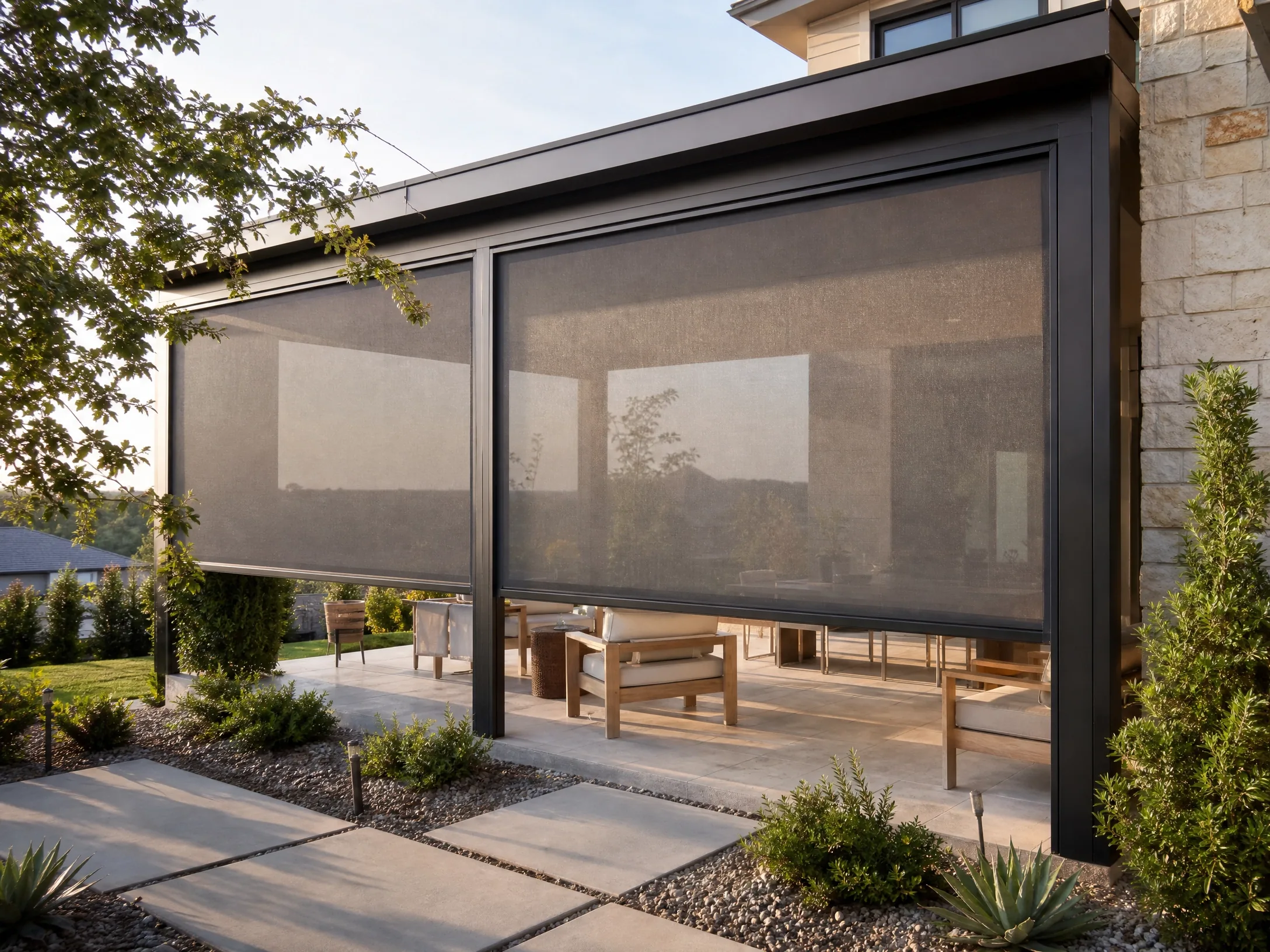 Exterior solar screens on a covered patio in Raleigh NC