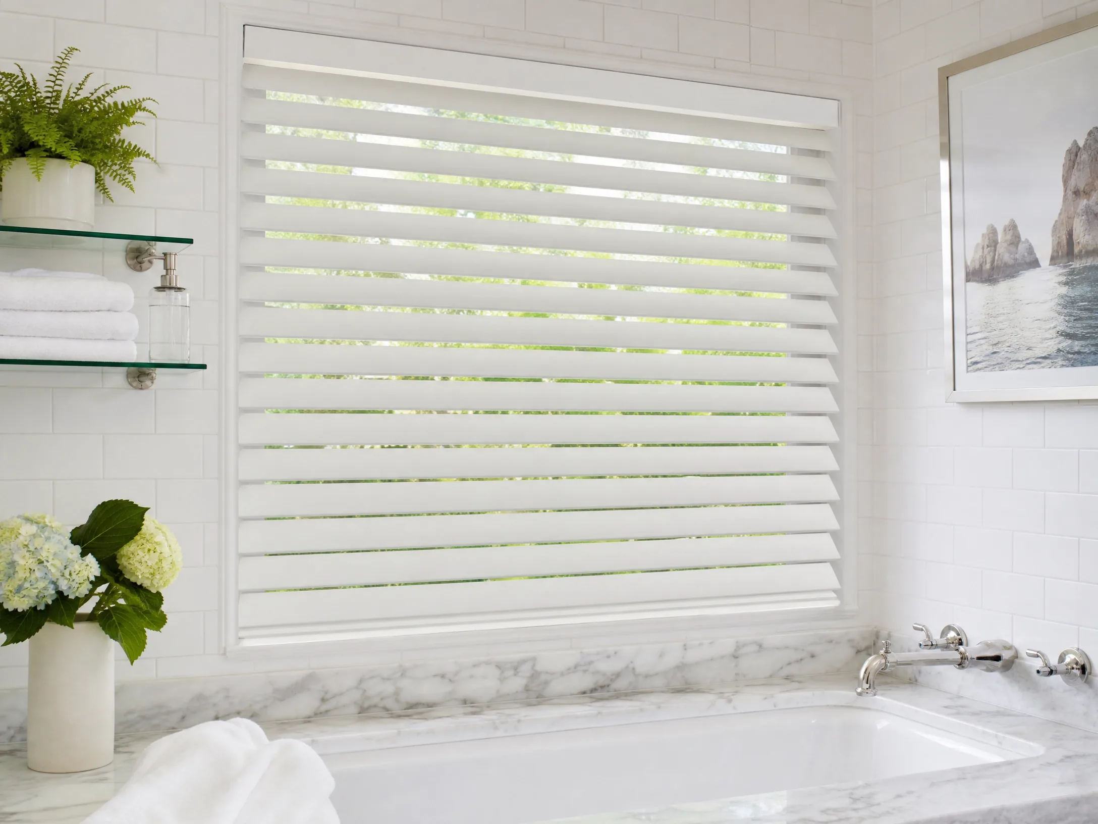 Faux wood blinds on a window in a Raleigh NC home