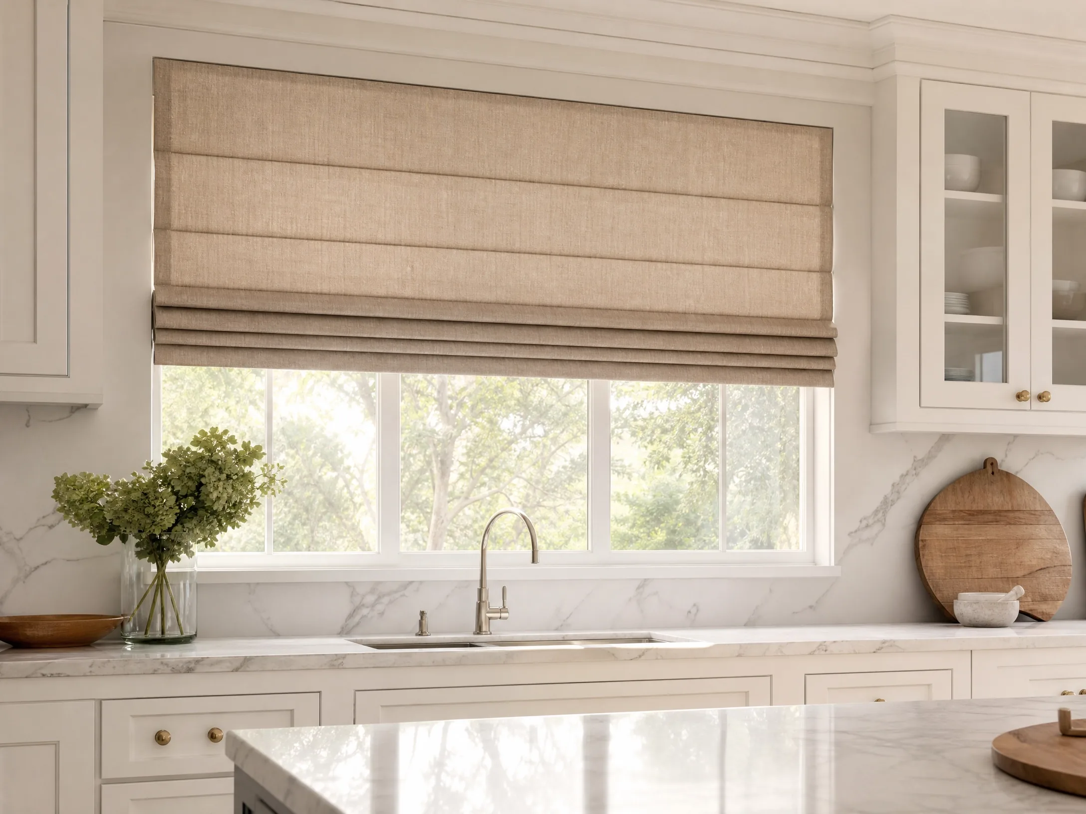 Roman shades on a kitchen window in a Raleigh NC home