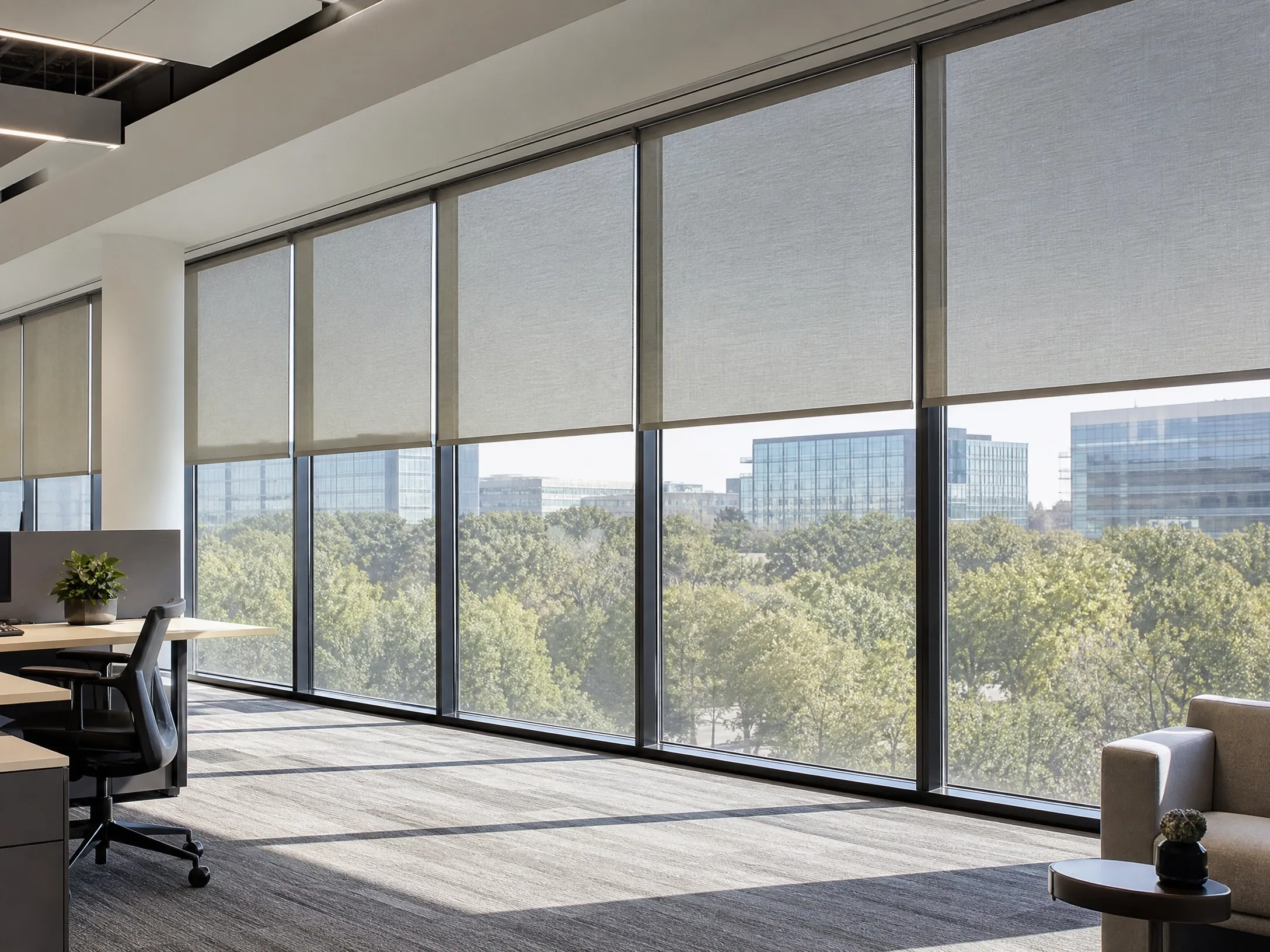 Solar shades on office windows reducing glare in Raleigh NC