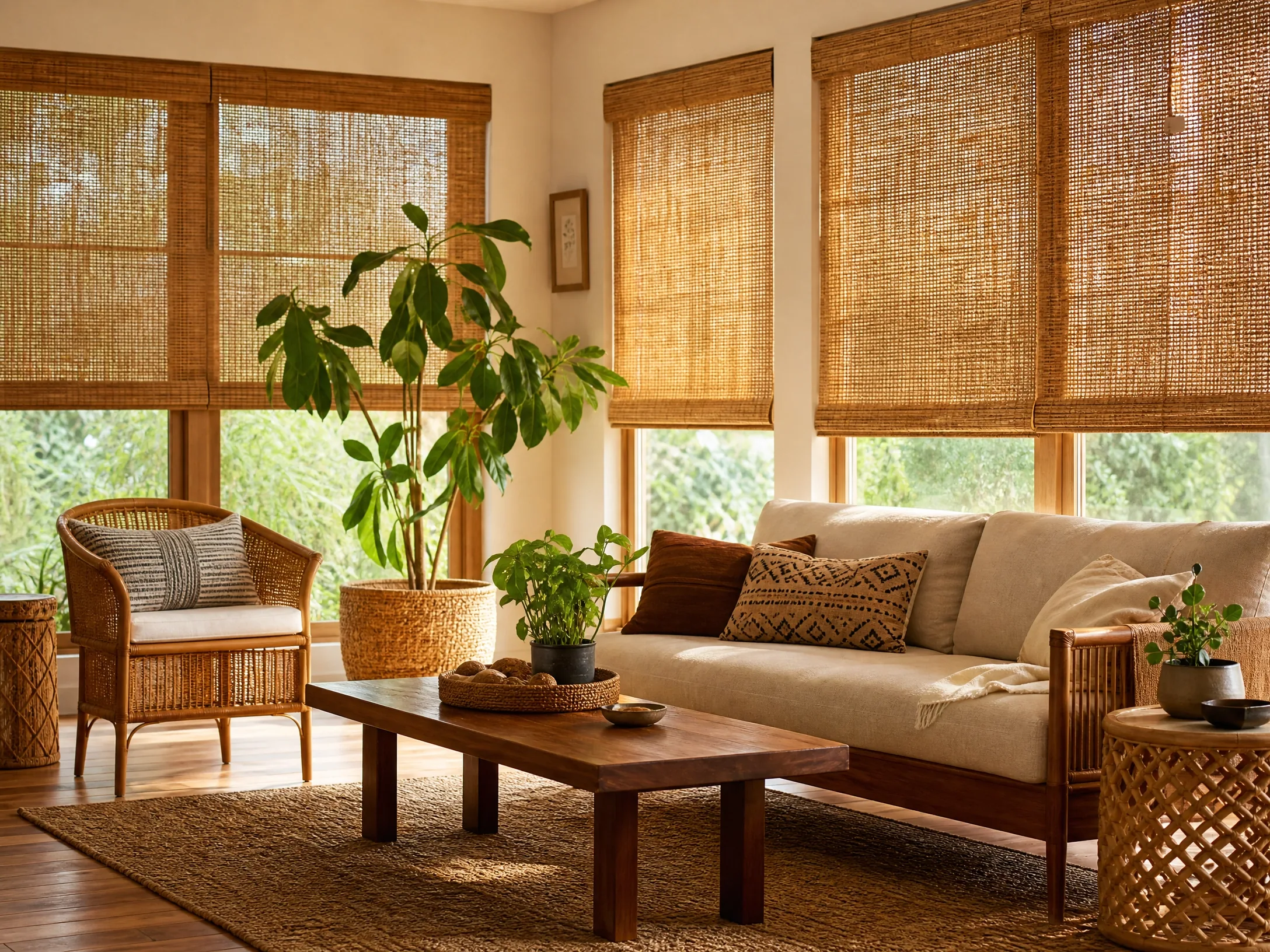 Woven wood natural shades in a bedroom in Raleigh NC