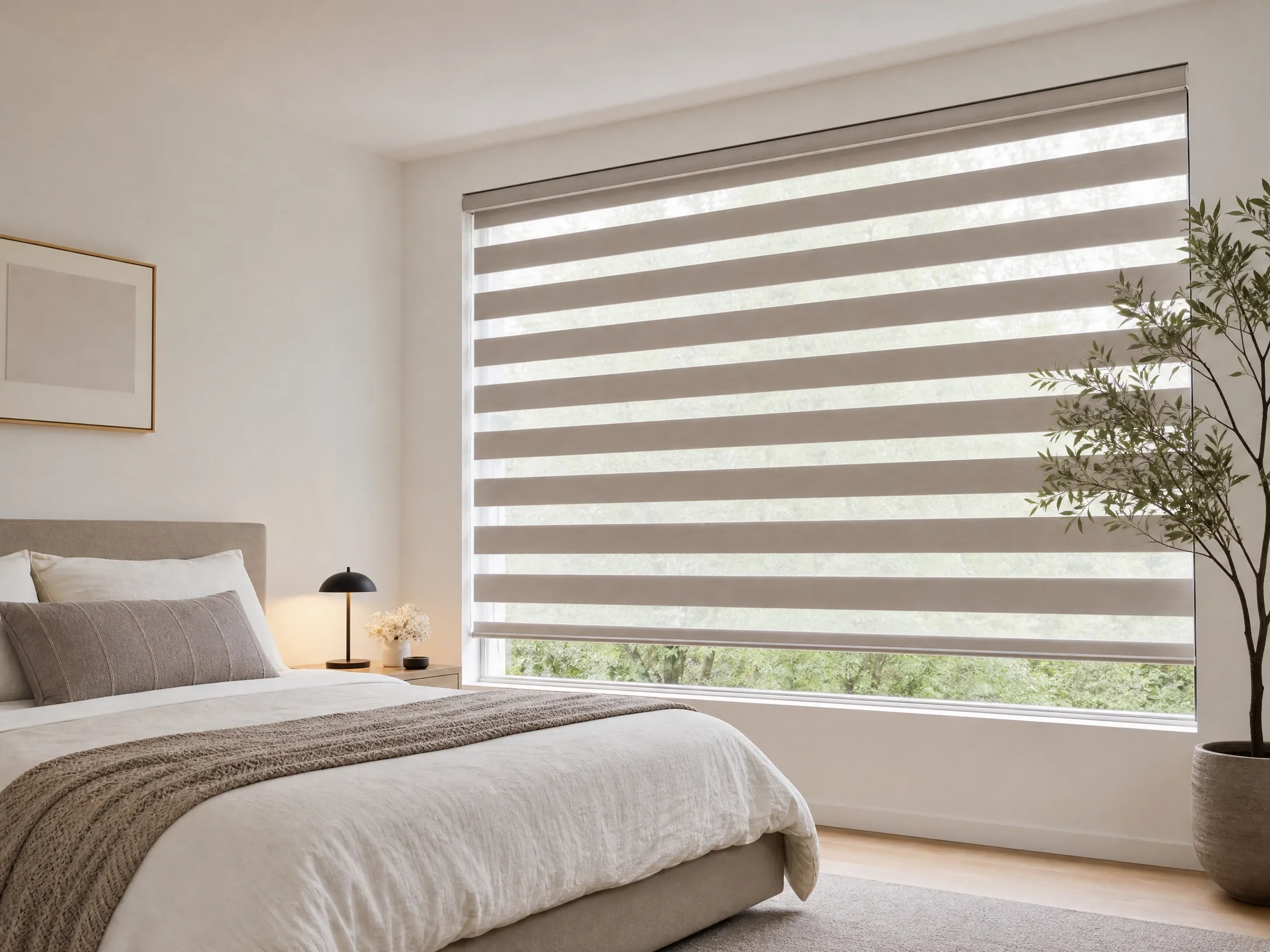 Zebra transitional shades in a modern living room in Raleigh NC