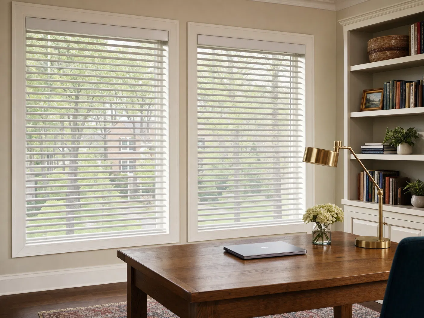 Faux wood blinds in a home office
