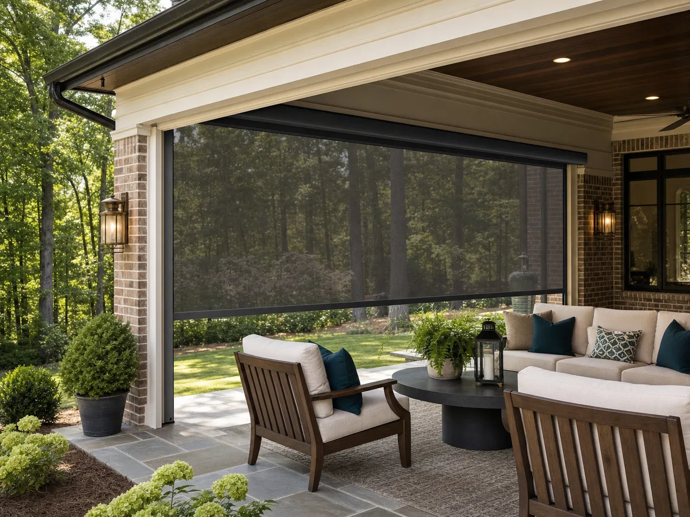 Exterior solar shades on a covered porch