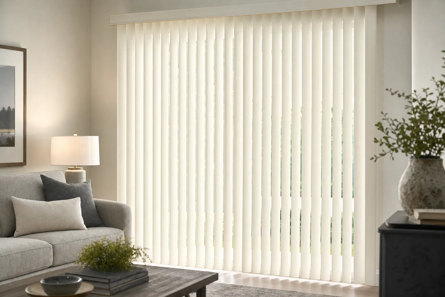 Vertical blinds covering a wide glass door